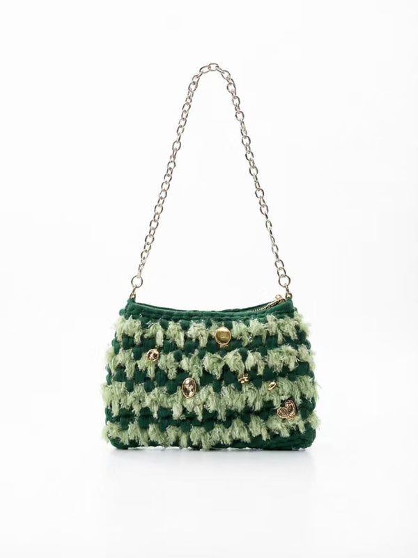 Handwoven fabric ribbon crossbody bag by Loop Studio — geometric weave design